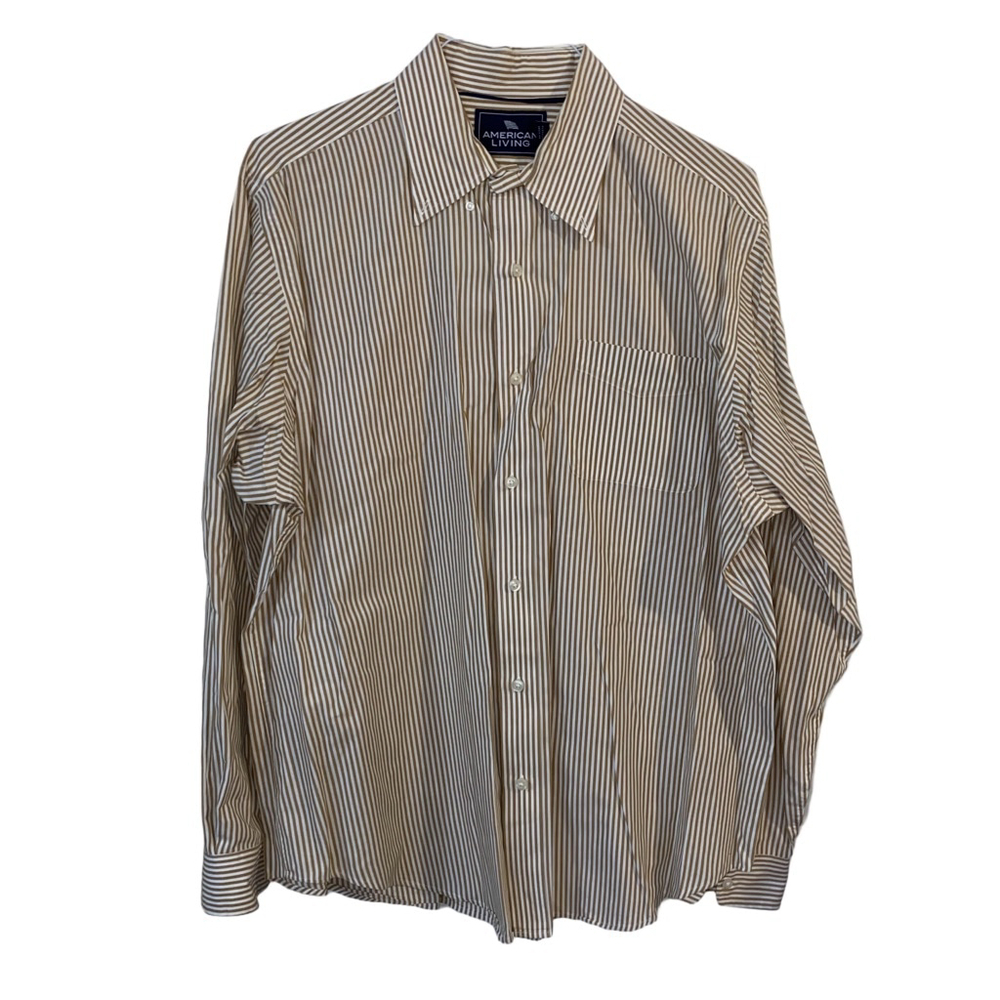 Men's American Living Button Down Shirt XL Brown White Striped 100% Cotton